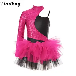 Kids Girls Shiny Sequin Ballet Dance Dress One Shoulder Long Sleeves Tulle Skirted Tutu Moden Latin jazz Leotard Dresses Costume