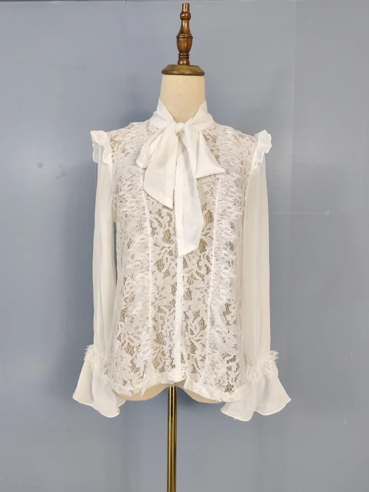 

Elegant V-Neck Long Sleeve Bell Sleeve Shirt Chiffon Lace See-through Sexy Button-up Top Women's Fashion Summer New Arrival