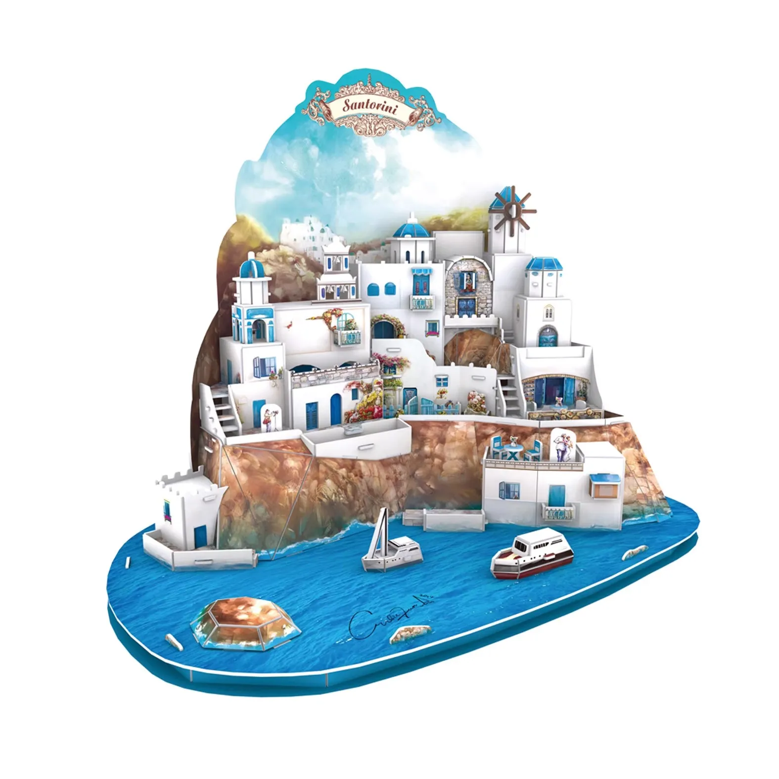 ギリシャサントリーニ島エーゲ海ハウスホーム-3d-紙パズル建物模型玩具世界の偉大な建築少年少女旅行ギフト