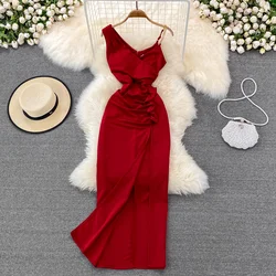 Sexy Chain Spaghetti Strap Long Dress Women Summer V-neck Sleeveless Slim Waist Ruched Ruffles High Split Evening Party Dresses