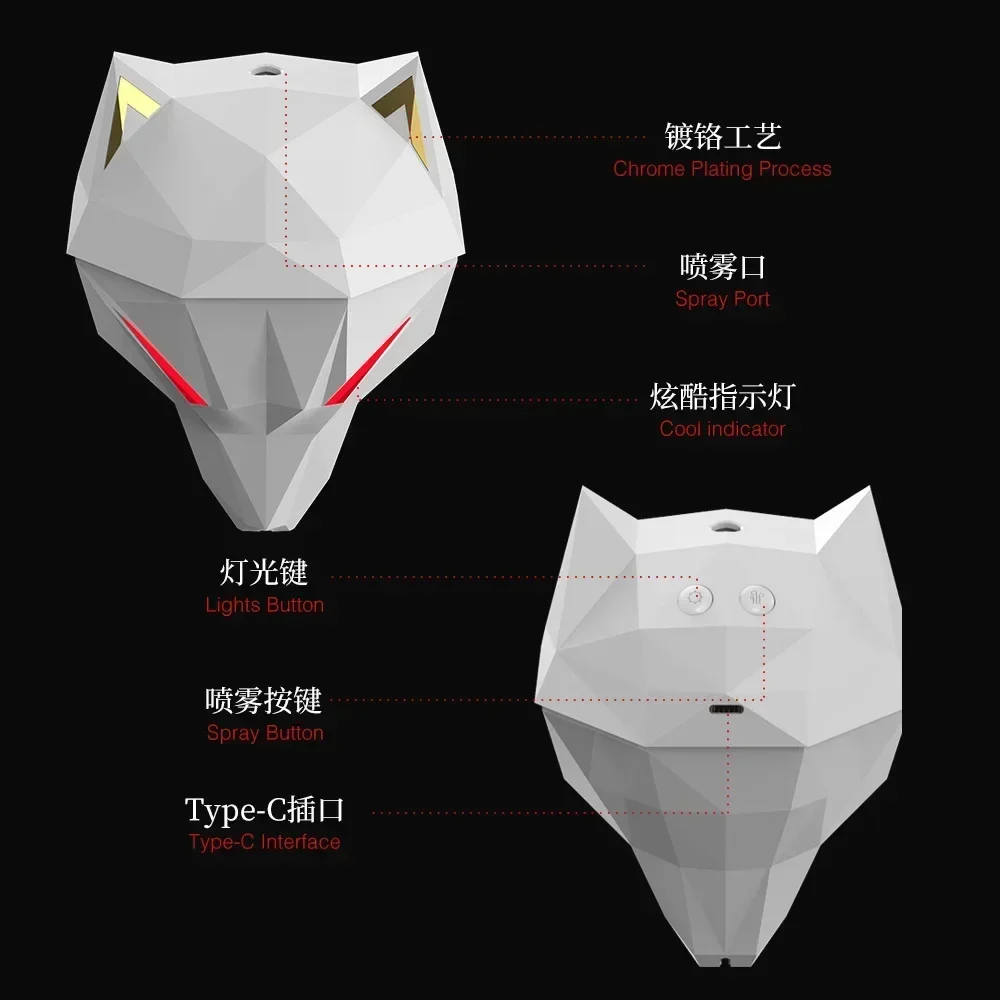 Wolf pelembab udara elektrik USB 600ML, semprotan kabut dingin portabel dengan lampu LED untuk rumah kantor