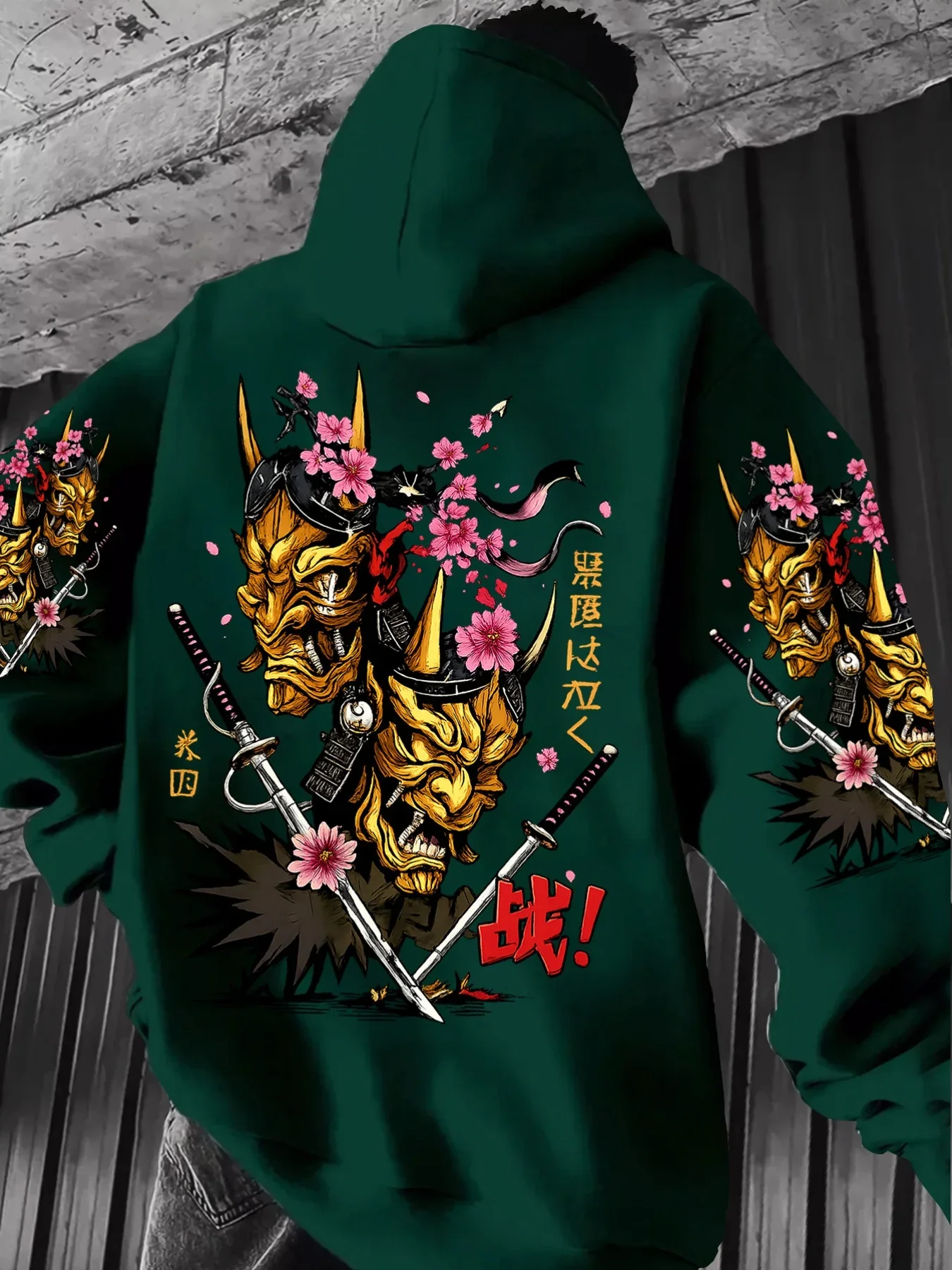 Retro Golden Oni Demon Mask Samurai Sword Sakura Kanji Graphic Hoodie Unisex Aesthetic Japanese Tattoo Style Casual Oversized