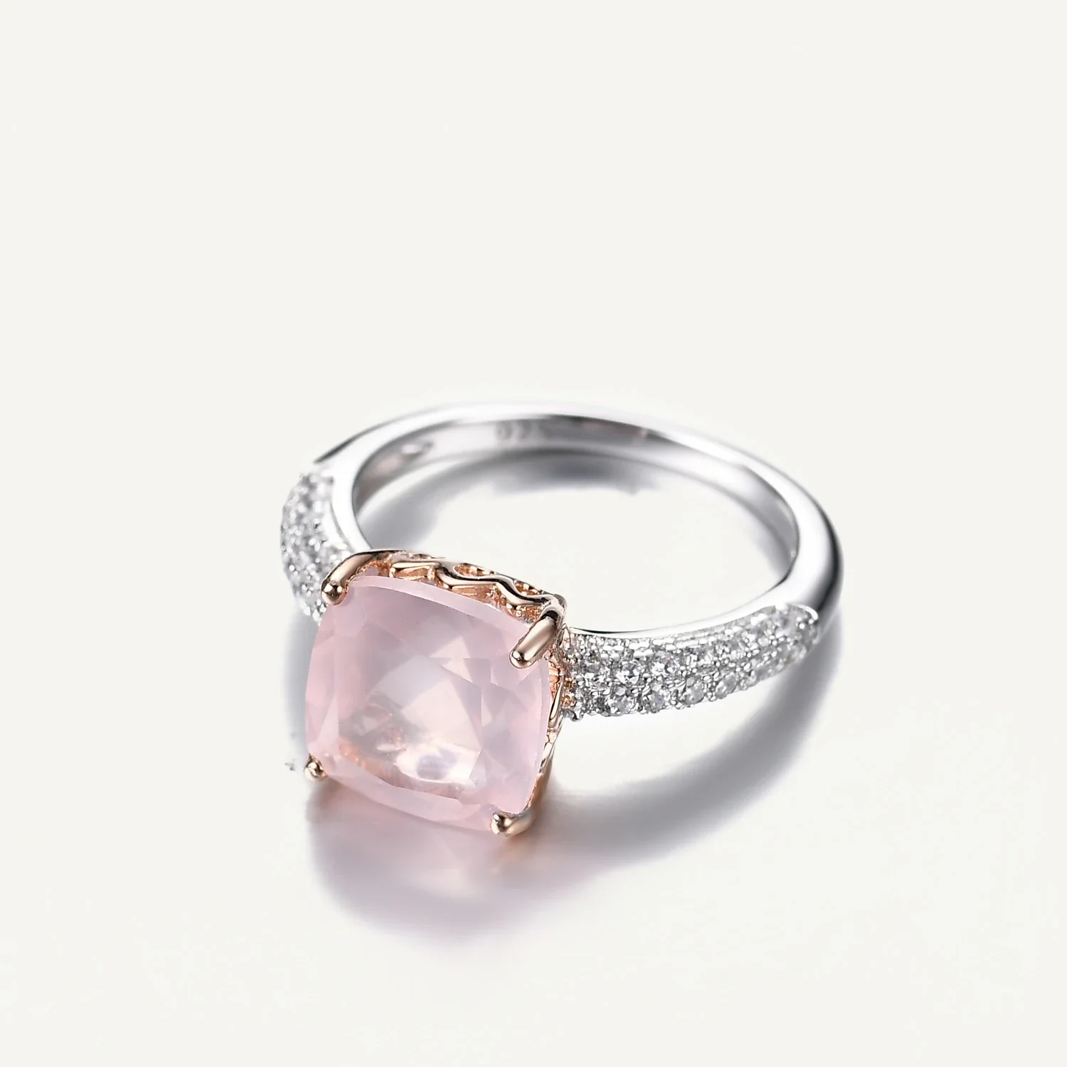 GEM'S BALLET 10*10mm Cushion Natural Rose Quartz Statement Ring 925 Sterling Silver Gemstone Candy Rings For Women Fine Jewelry