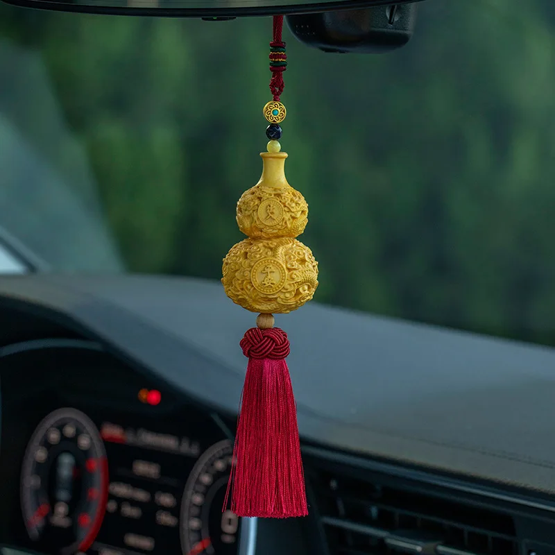 Car Rearview Mirror Hanging Ornament Boxwood Carved Dragon Gourd Interior Decor Pendant With Tassel For Men Women Blessing Acces