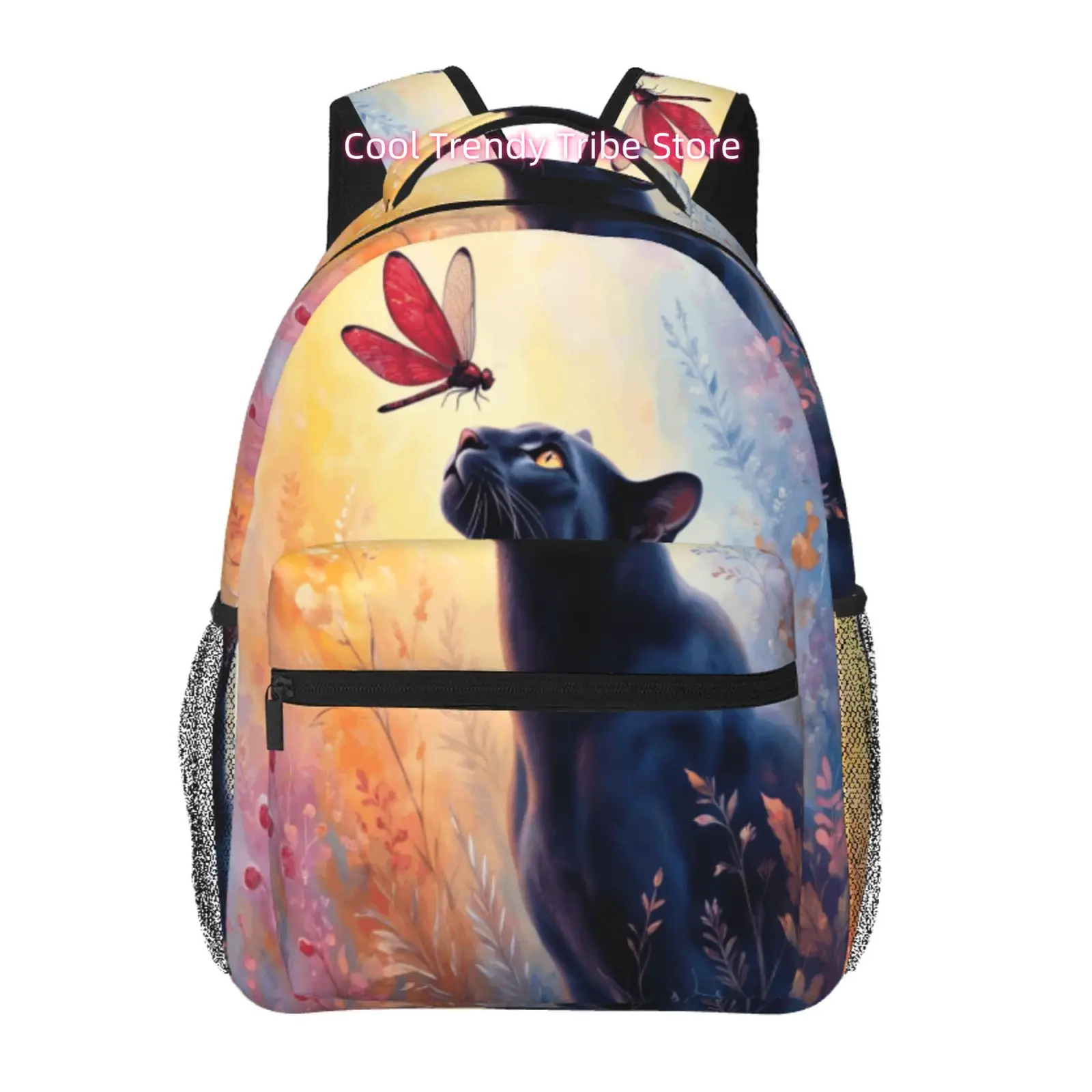 Black Panther with Red Dragonfly in Sunset Meadow Print Backpack, Oxford Cloth, Adjustable Shoulder Straps, for Travel And Work