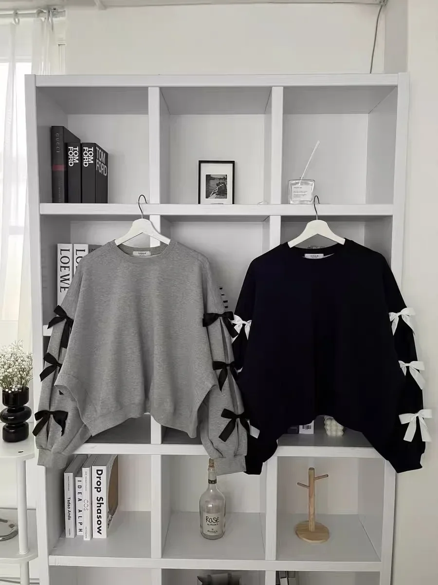 

Spring Autumn New Fashion O Neck Loose Bow Long Sleeve Solid Hoodie Korea Style Chic Sweatshirt For Women Y2k Streetwear