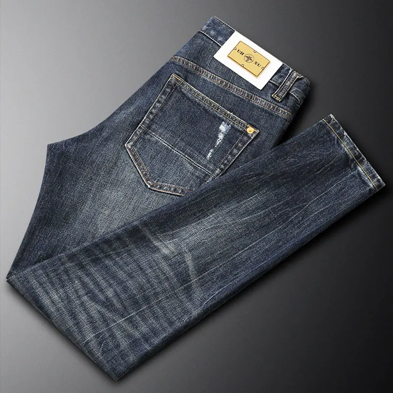 Men Jeans Dark‑wash Heavy Shredded Ripped Denim Pants Retro Fading Craft Slim Fit Casual Street Style Jeansy2k