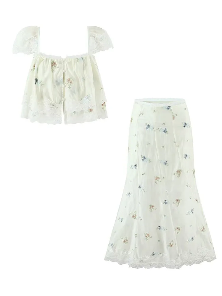 HH Donna Estate Moda Dolce Pizzo Ricamato Fiore Della Bretella Breve Top Senza Maniche + Vita Alta Temperamento Gonna Lunga Set Mujer