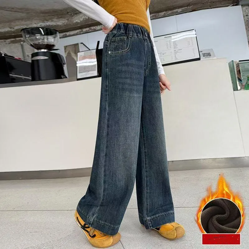 Winter Warm Denim Pants Elegant Children Insulated Jeans for Girls Fashion Heart Pocket Kids Child Fleece Lined Jeans Trousers