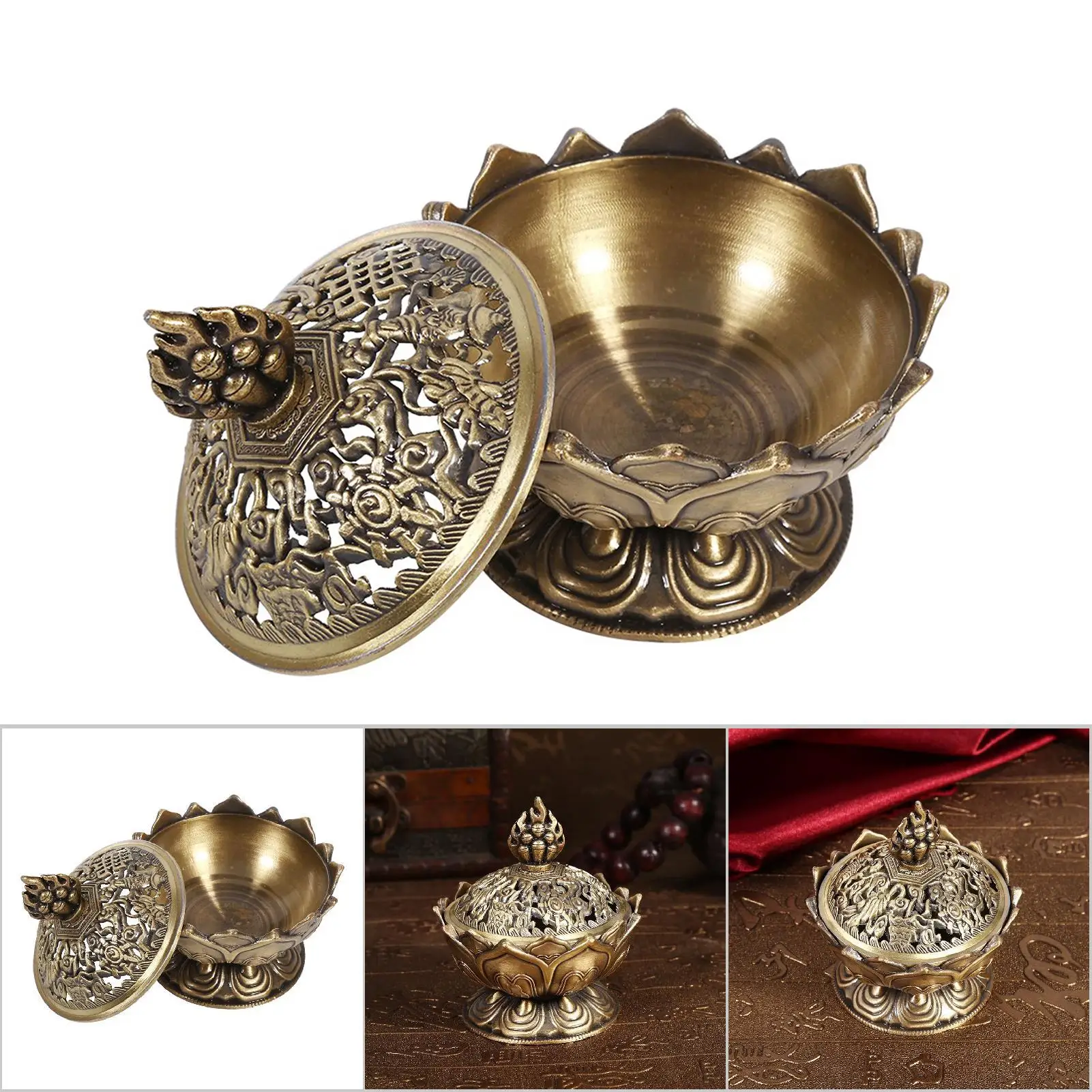 Small Zinc Alloy Bronze Holy Flower Incense Holder - 2 Colors, Buddhism Decor Metal Craft for Home