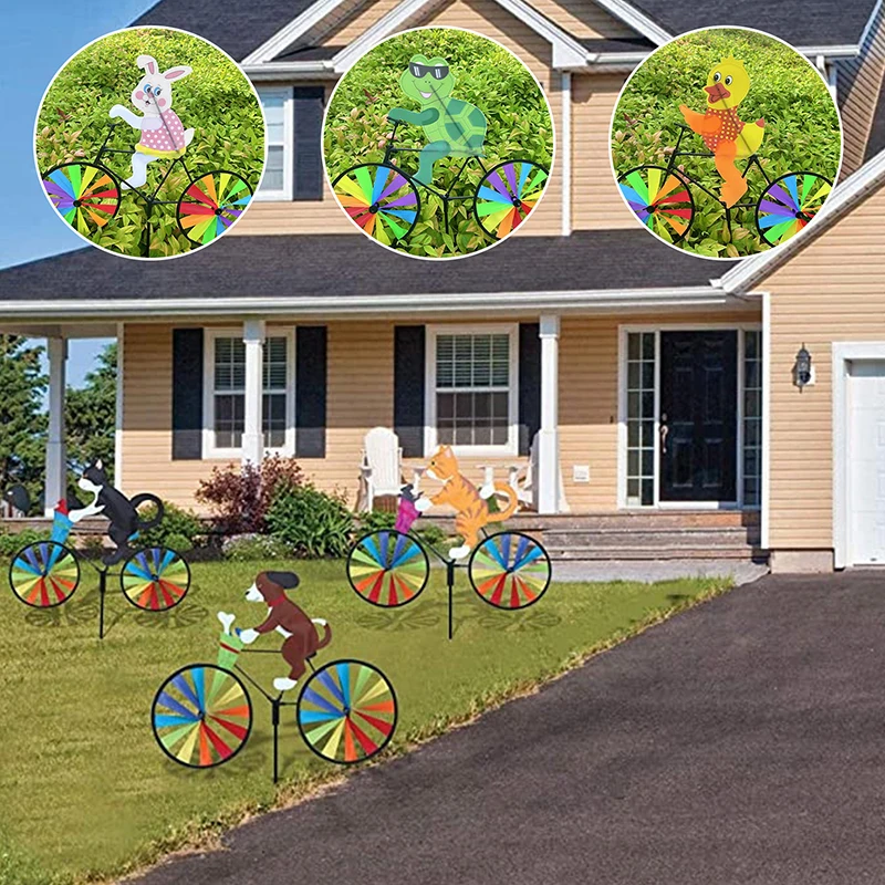 1 Piece Bicycle Wind Spinners Animal Riding Three-dimensional Cartoon Modelling Windmill Standing Pole Garden Yard Decoration