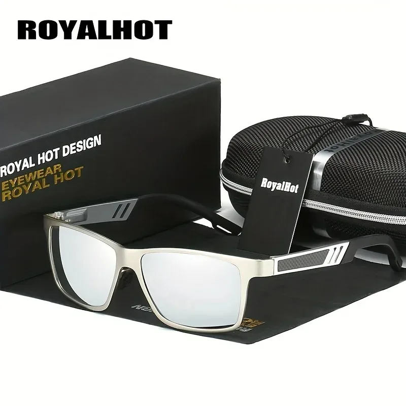 RoyalHot Occhiali da sole da uomo con montatura quadrata polarizzata in alluminio-magnesio con pellicola colorata Occhiali da sole da pesca per