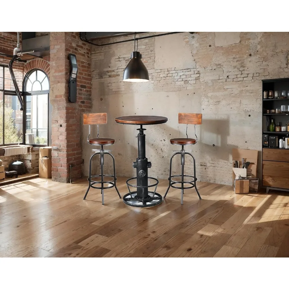3-delige bartafel (38,6"-48,4") en 2 rugleuningkrukken (26"-32") set voor pubkeuken eetkamer woonfeest bistro ontbijt, draaibaar blad