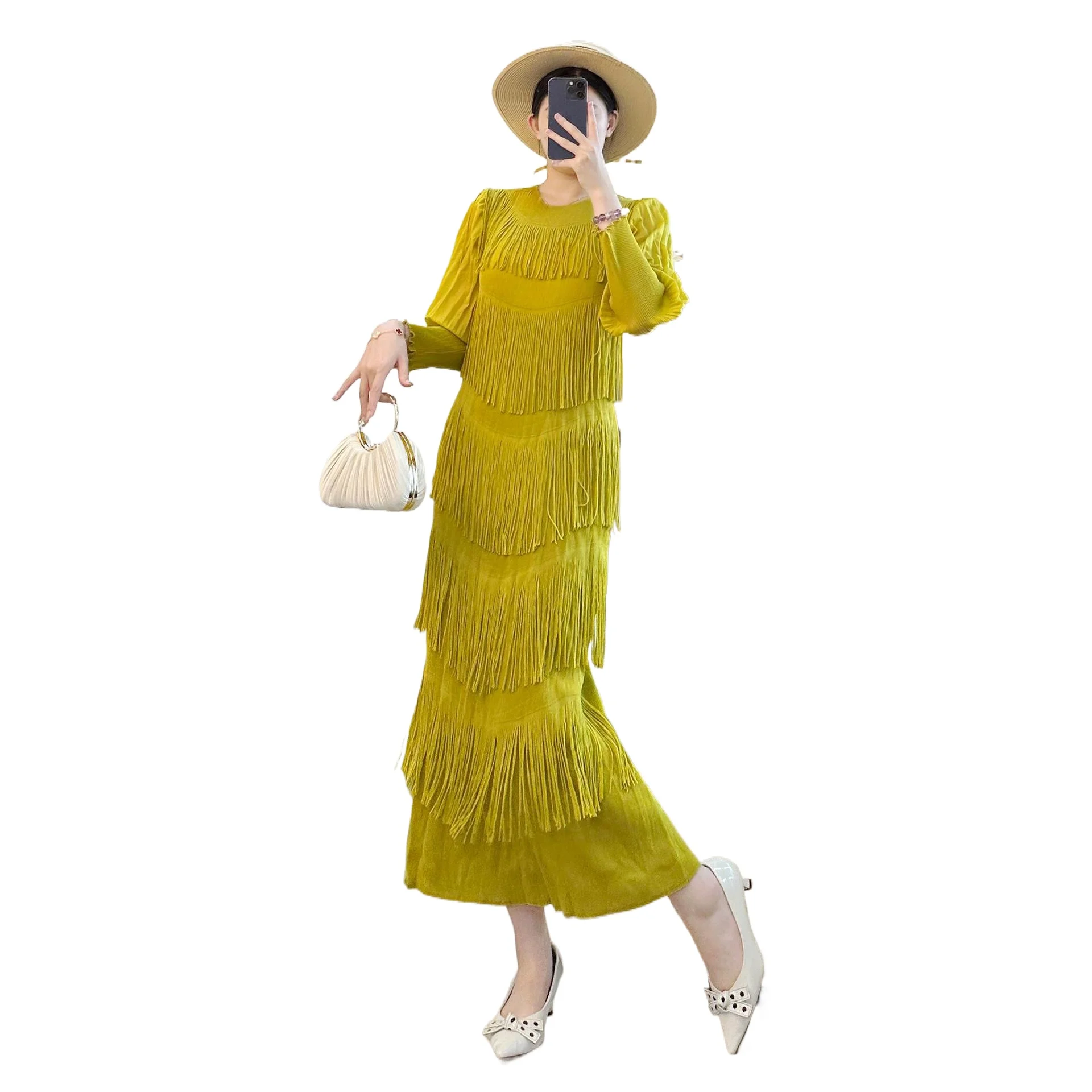 Miyake drapeado vestido plissado feminino outono moda multi camada borlas manga longa puff alta estiramento solto robe roupas de festa