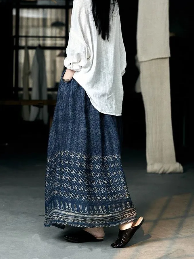 กระโปรงผ้าไหมทัสซาห์พิมพ์ลายสีน้ำเงินสไตล์ศิลปะชาติพันธุ์ ฤดูร้อน 2025 ทรงเอไลน์ ความยาวปานกลาง ผ้าสองชั้น