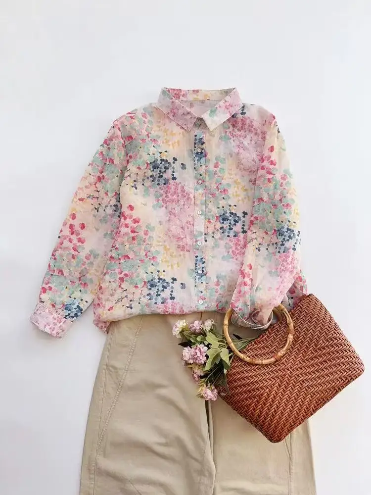 

Macaroon Color Linen Floral Print Casual Shirt Thin Long Sleeve Spring Loose Women's Top Button Detail Regular Length