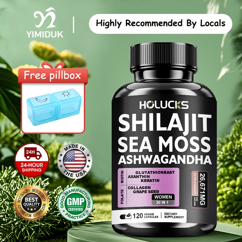 

Organic Shilajit & Sea Moss Capsules, with Glutathione, Support Energy, Skin Glow & Natural Detox, Overall Vitality, Non-GMO