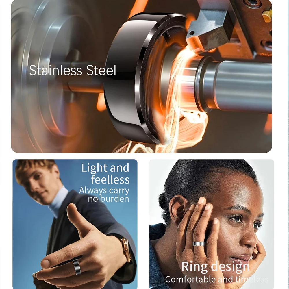 R6 스테인레스 스틸 스마트 링 피트니스 트래커, 충전 박스 포함, 심박수 혈액 산소 모니터, 경량 스마트 핑거 링