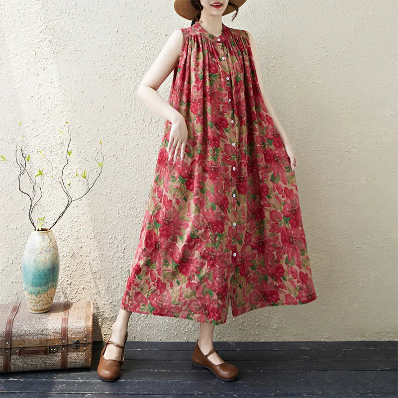 

Новое летнее платье-кардиган больших размеров из хлопка и льна с принтом, свободного кроя, без рукавов, с воротником-стойкой, в повседневном стиле, А-силуэт