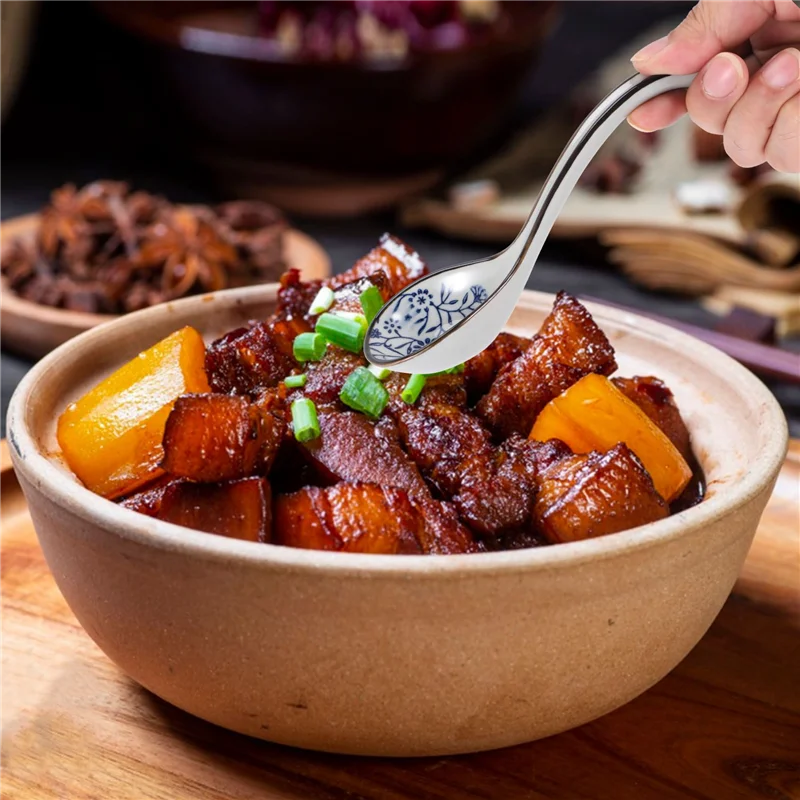 ABWR-4 قطع ملاعق أرز صينية كلاسيكية آسيوية مقبض منحني ملعقة شوربة رامين ملاعق زهور مطلية بمقبض طويل