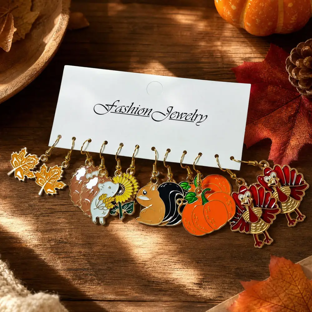 6/12Pairs Thanksgiving Fall Dangle Earrings Set Turkey Maple Leaf Squirrel Acorn Enamel Drop Earrings Women Holiday Party Gift view 2