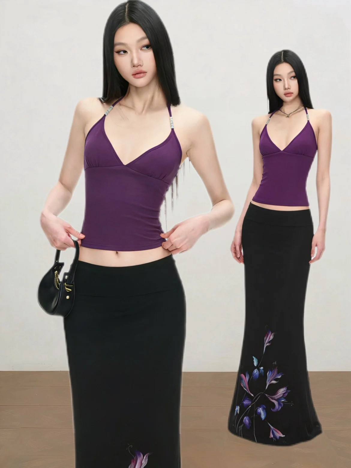 

Элегантный комплект из топа с V-образным вырезом и бисерной отделкой и юбки из сетки с принтом ирисов, без рукавов, с завышенной талией, модный летний женский комплект из двух предметов.