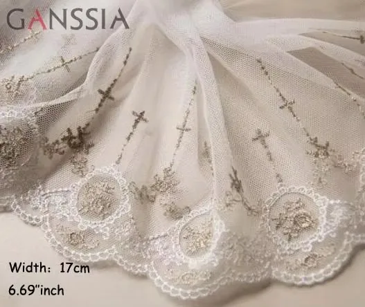 Width:17cm (6.80 inch) Vintage Lace Design Elegant Cross Embroidery Lace Gold Wire Mesh  DIY Sewing Handmade Materials (ss-810)