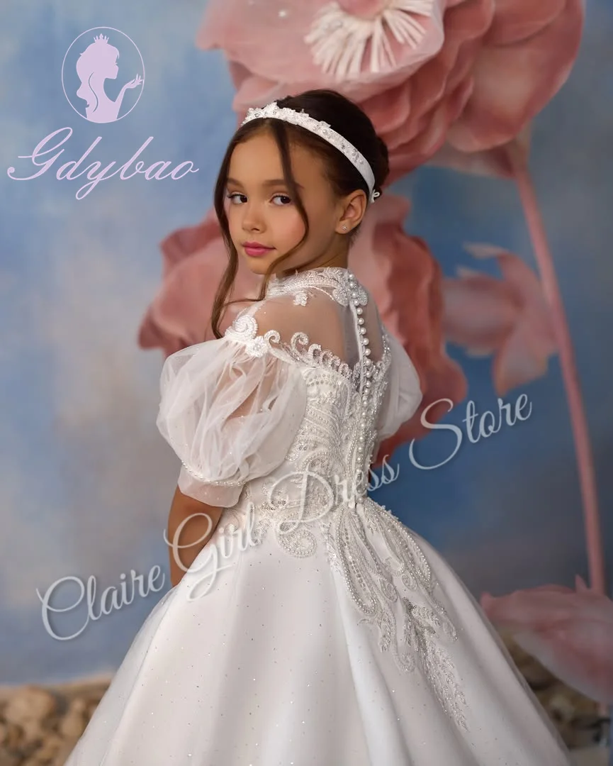 Customized Ivory Flower Girl Dresses For Wedding Satin Appliques Short Sleeves Pearls Kids Birthday Party First Communion Gown