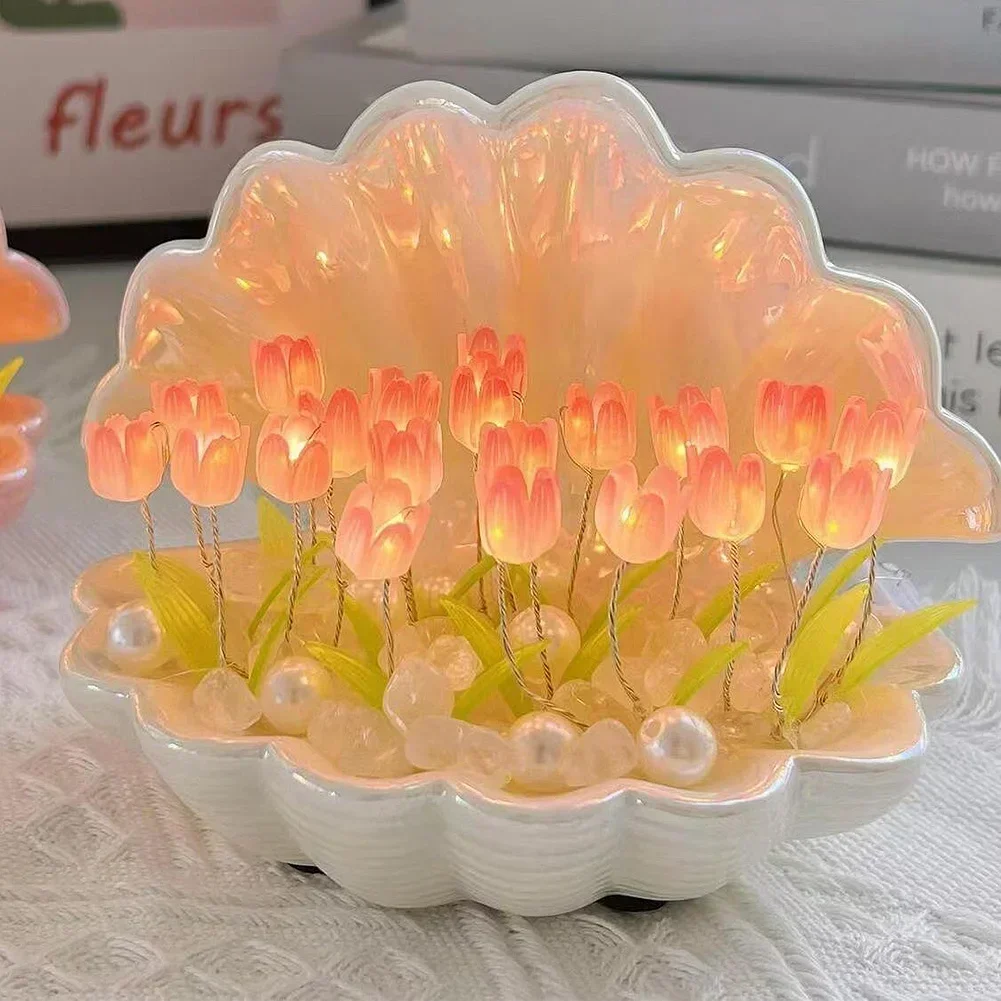 1Pc Shell Tulip Night Lamp Handmade DIY Home Decor Bedroom Atmosphere Light Girl Mother Girlfriend Birthday Gift Valentine's Day