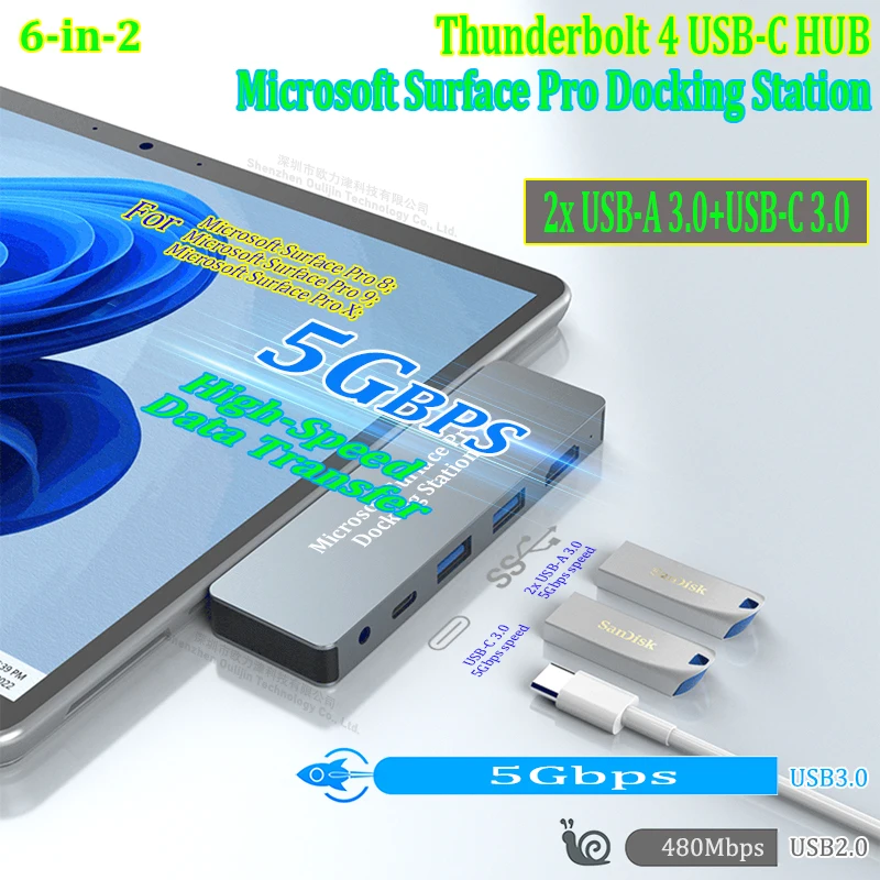 Surface Pro 11/10/X/9/8 ハブ（4K HDMI、Thunderbolt 4（8K