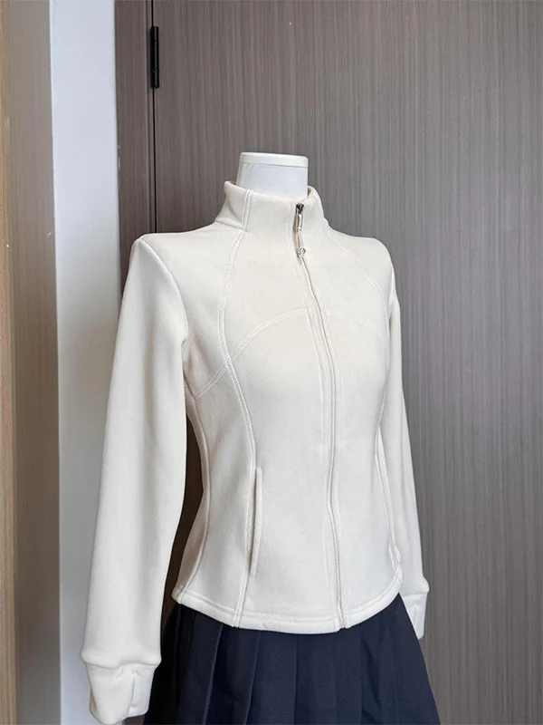 

Women's Stand Collar Fleece Lined Thickened Short Yoga Sweatshirt Cardigan Autumn Winter Slimming Waist Cinched Jacket