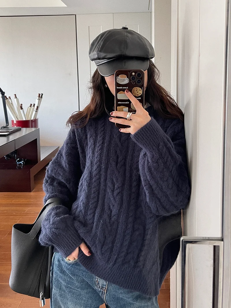 

Loose Thiened Knitted Sweater Women's Overhead Sle Autumn Winter New Korean Version 7AM0PM k Blue Twist Knitwear