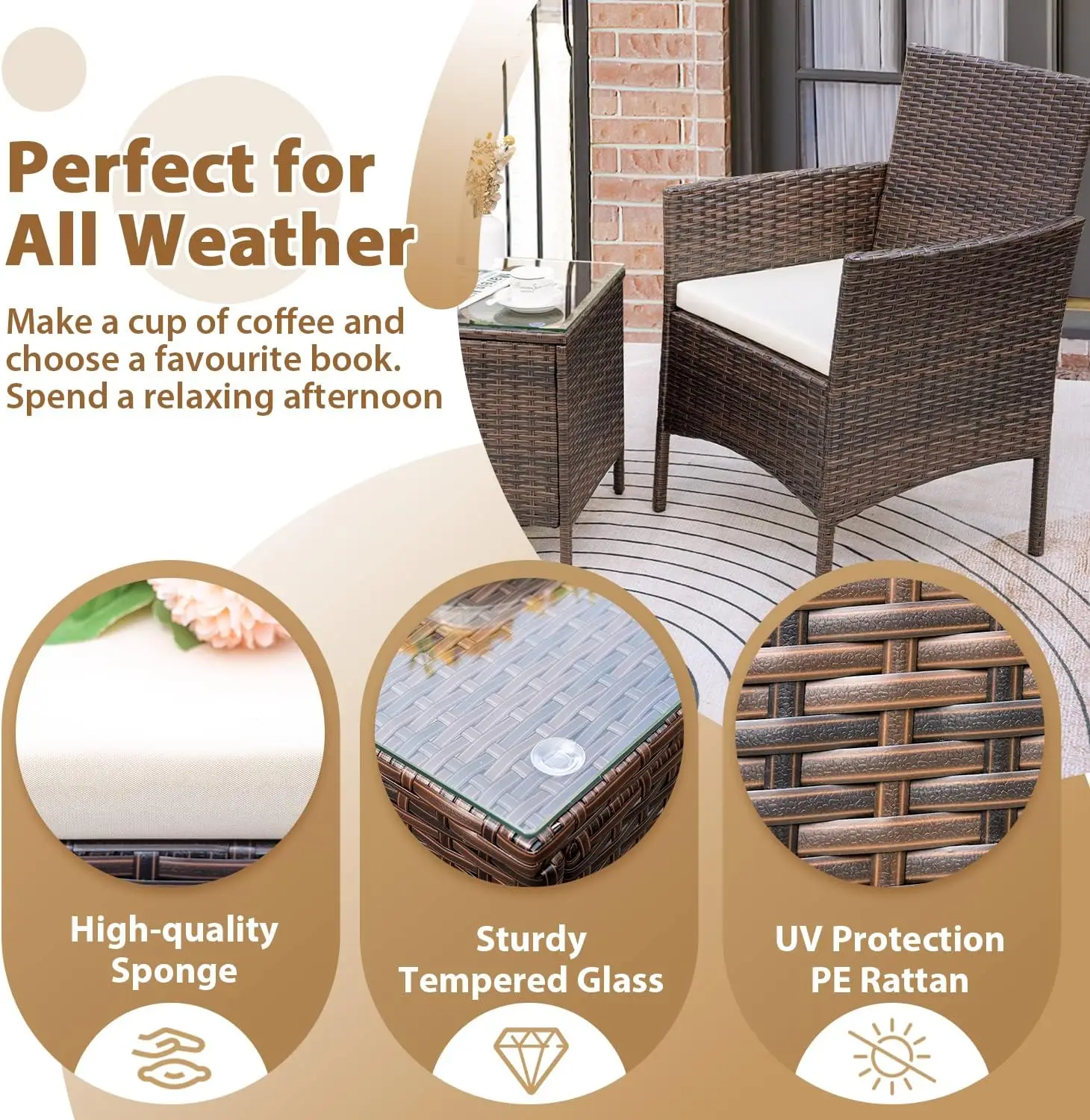 Patio Chairs Set of  Porch Furniture Bistro Set Wicker Patio Chairs Balcony for Backyard Patio Balcony Lawn Pool