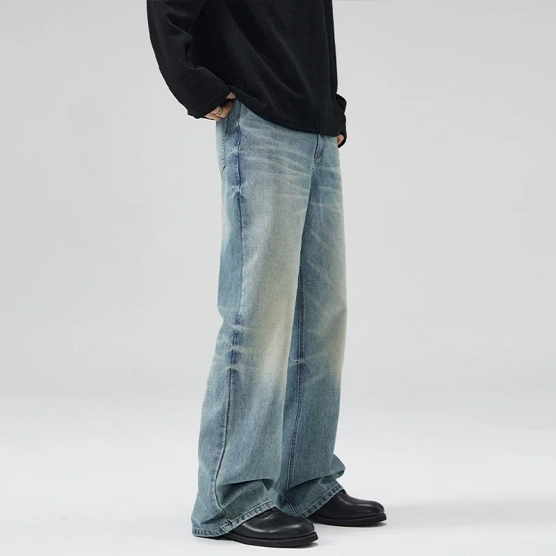 メンズ秋ヴィンテージジーンズファッションストレートだぶだぶの人格ワイドパンツストリート若者男性韓国デニムズボン