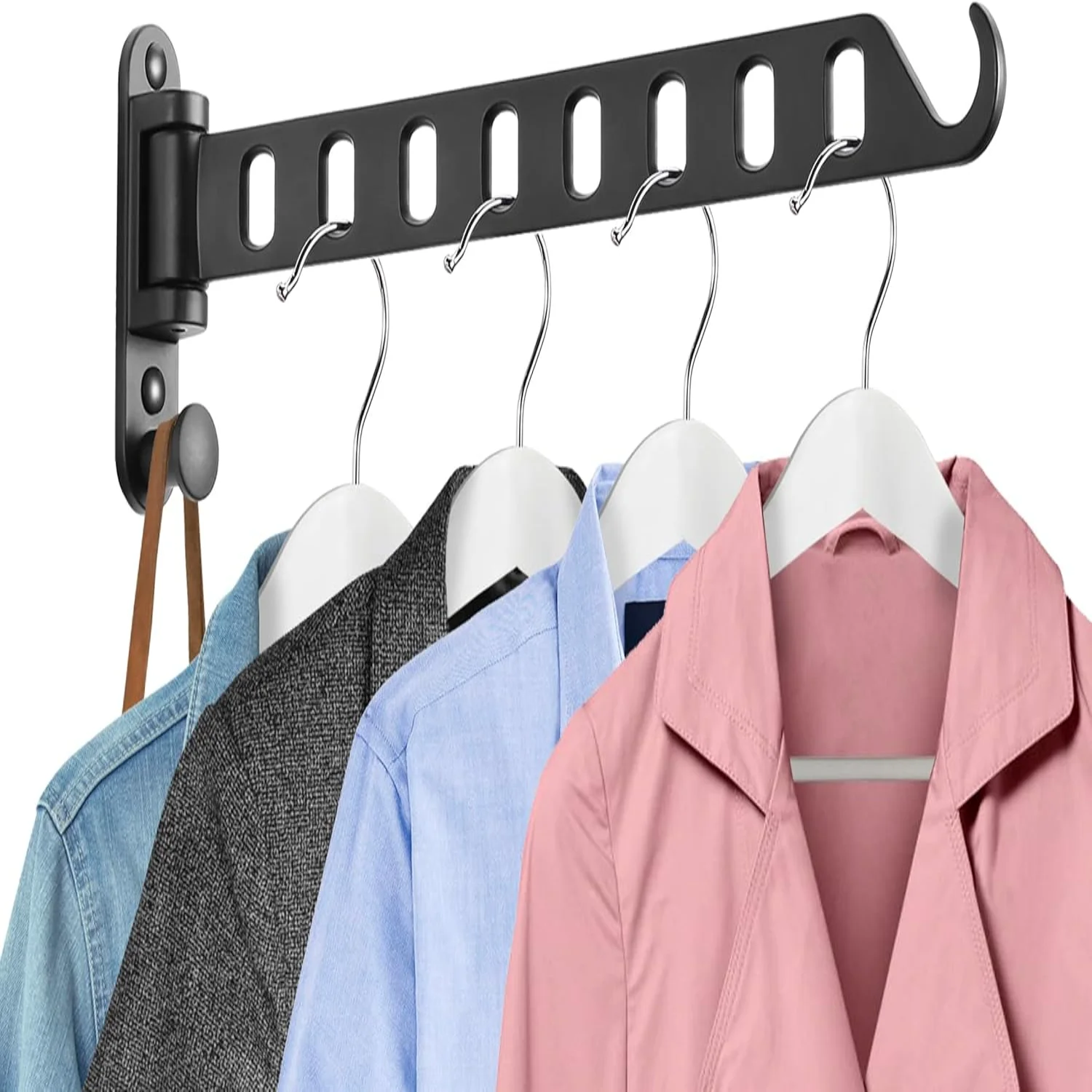 White Laundry Hanger with  Arm, Wall Mounted Clothing Hanger, 180°, Floding  Away Clothes Hanging Rack, Space Saver for Closet