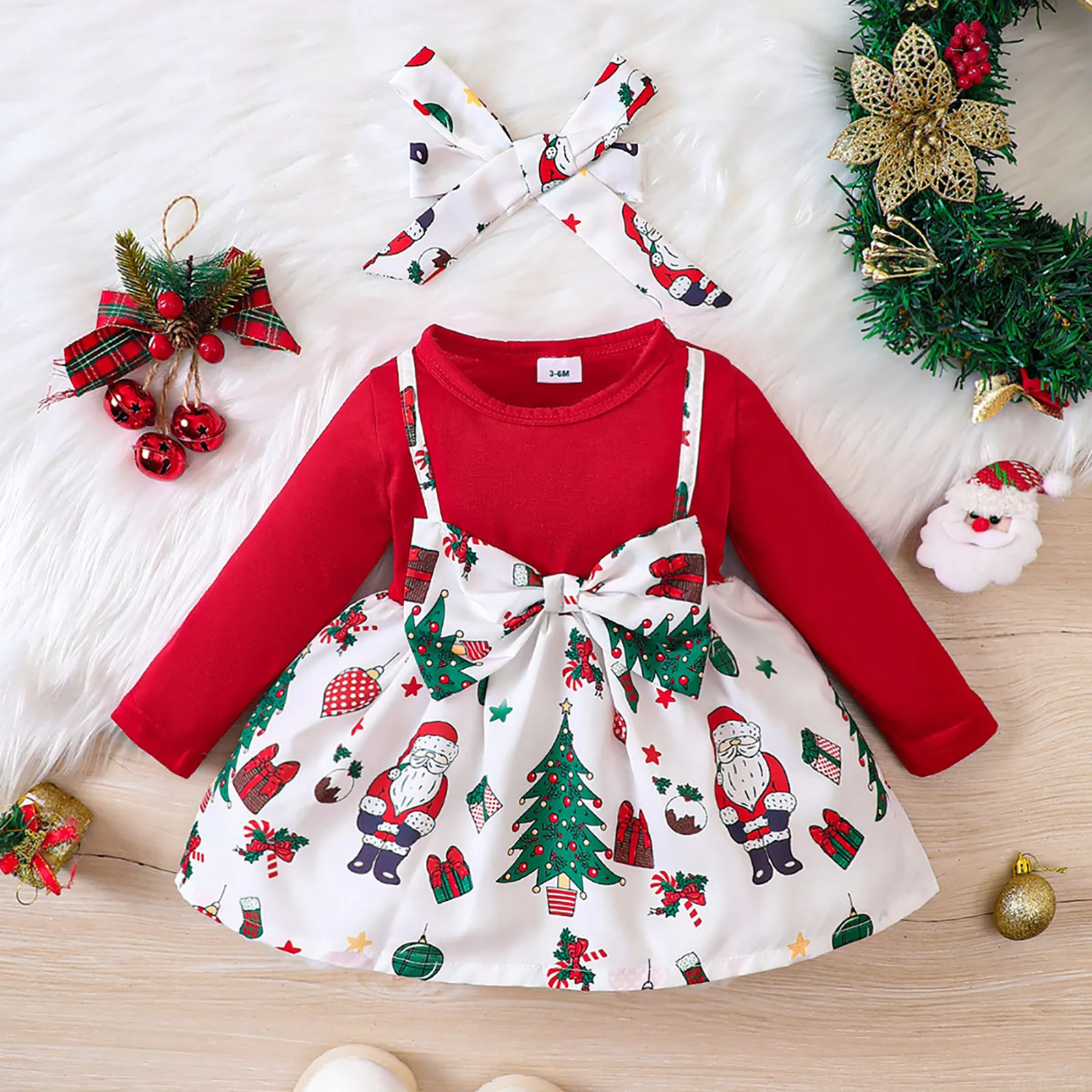 3-24M Christmas Girl Dress Fuax 2pcs Big Bowknot Cartoon Santa Claus Print Dress For New Year Children\'s Christmas Clothing 2024