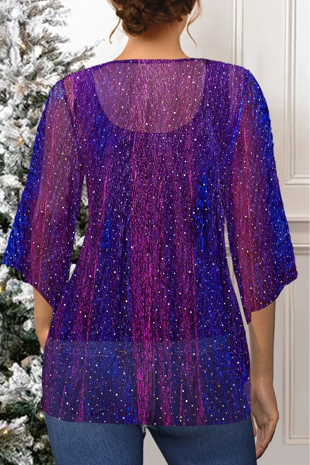 Flycurvy Plus Size Christmas Purple Sparkly Glitter Fabric Kimono Two Pieces Blouse Round Neck Women's Tops