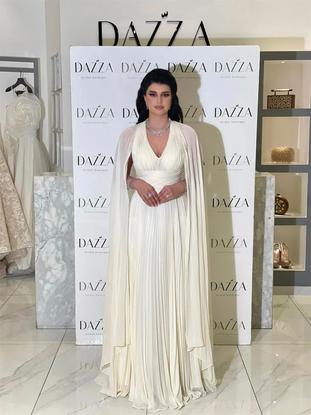 

Luxury Ivory Cape Sleeve Chiffon Evening Dress Elegant V-neck A-line Party Dress 2024 Elegant فساتين مناسبة رسمية