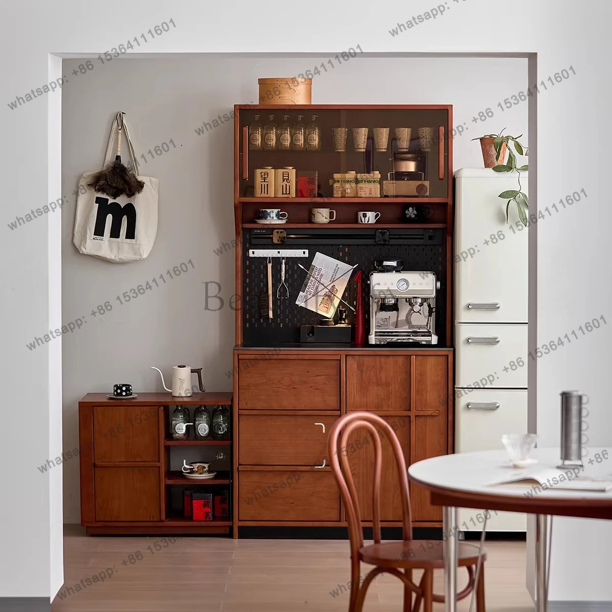 Nordic retro cherry wood small apartment bone line against the wall integrated locker