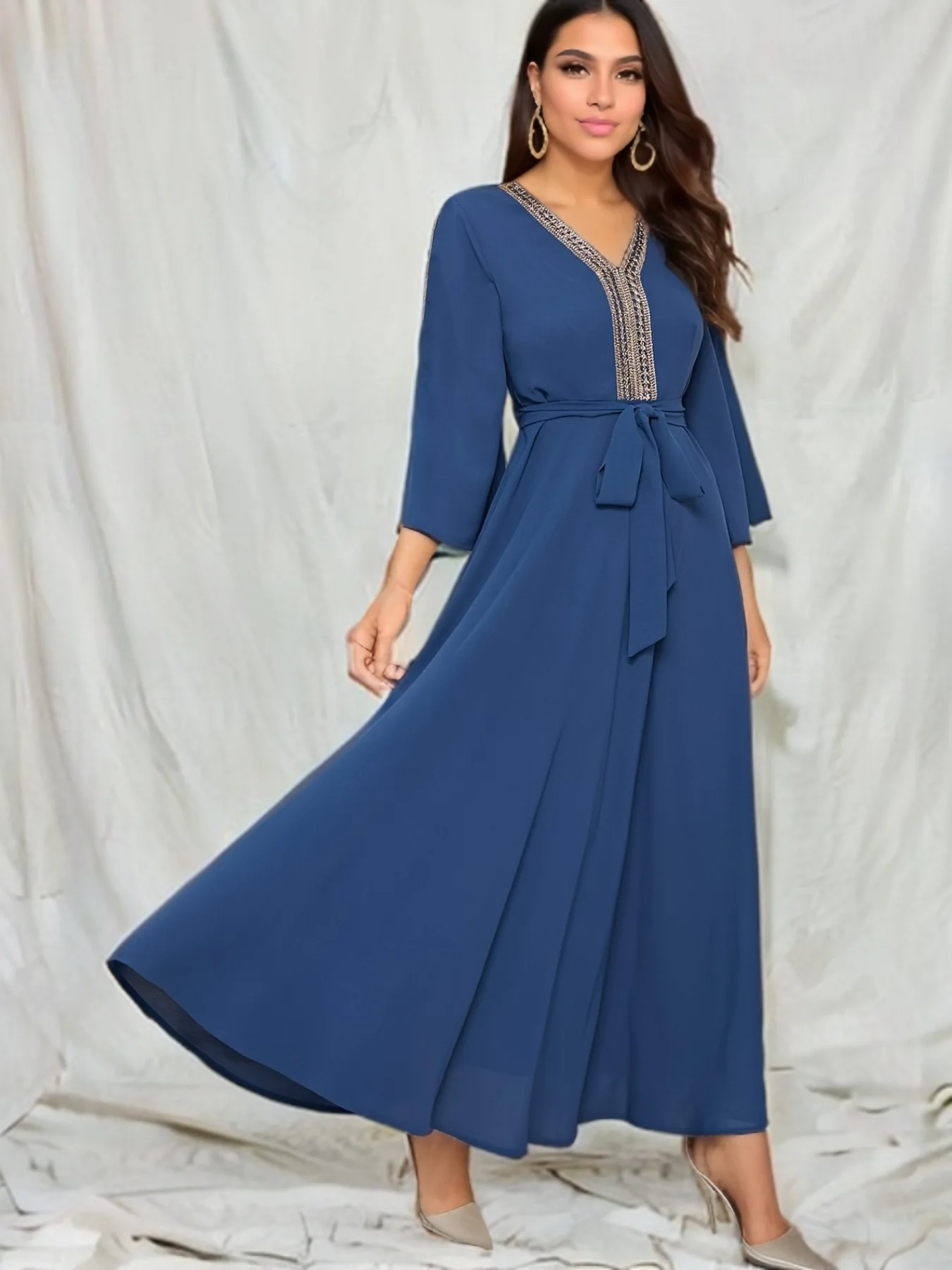 Women Eid Muslim Dresses V Neck Flare Sleeve Morocco Ramadan Abayas Gorgeous Party Dress Belt Vestidos Slim Fit Kaftan Arab