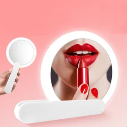 Handheld Round Mirror Rotatable Rechargeable Mirror Led Lights Travel Small Portable Folding Makeup Mirror USB with Light