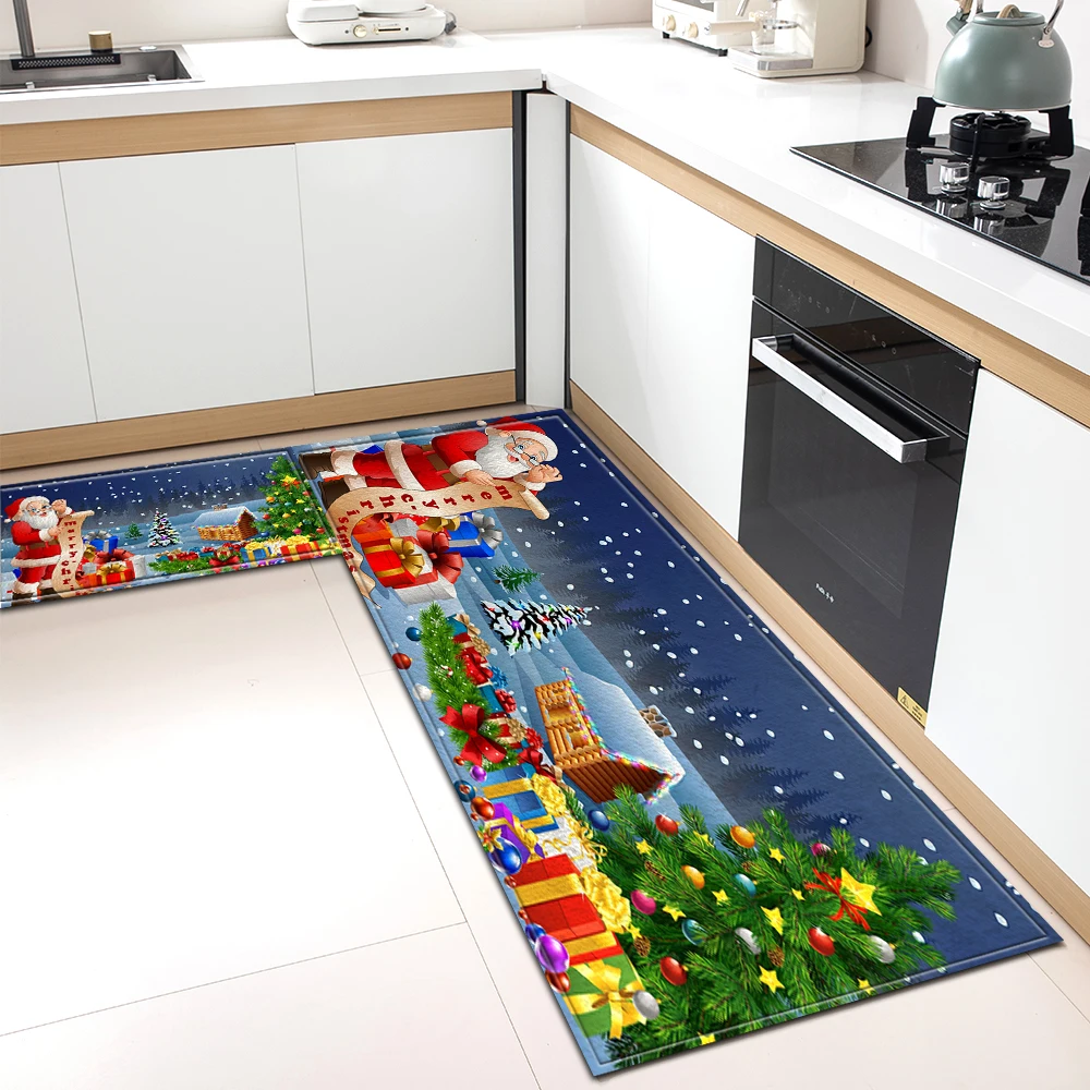 Christmas Kitchen Floor Mat Home Entrance Doormat House Living Room Bedroom Decoration Carpet Hallway Door Bath Balcony Foot Rug