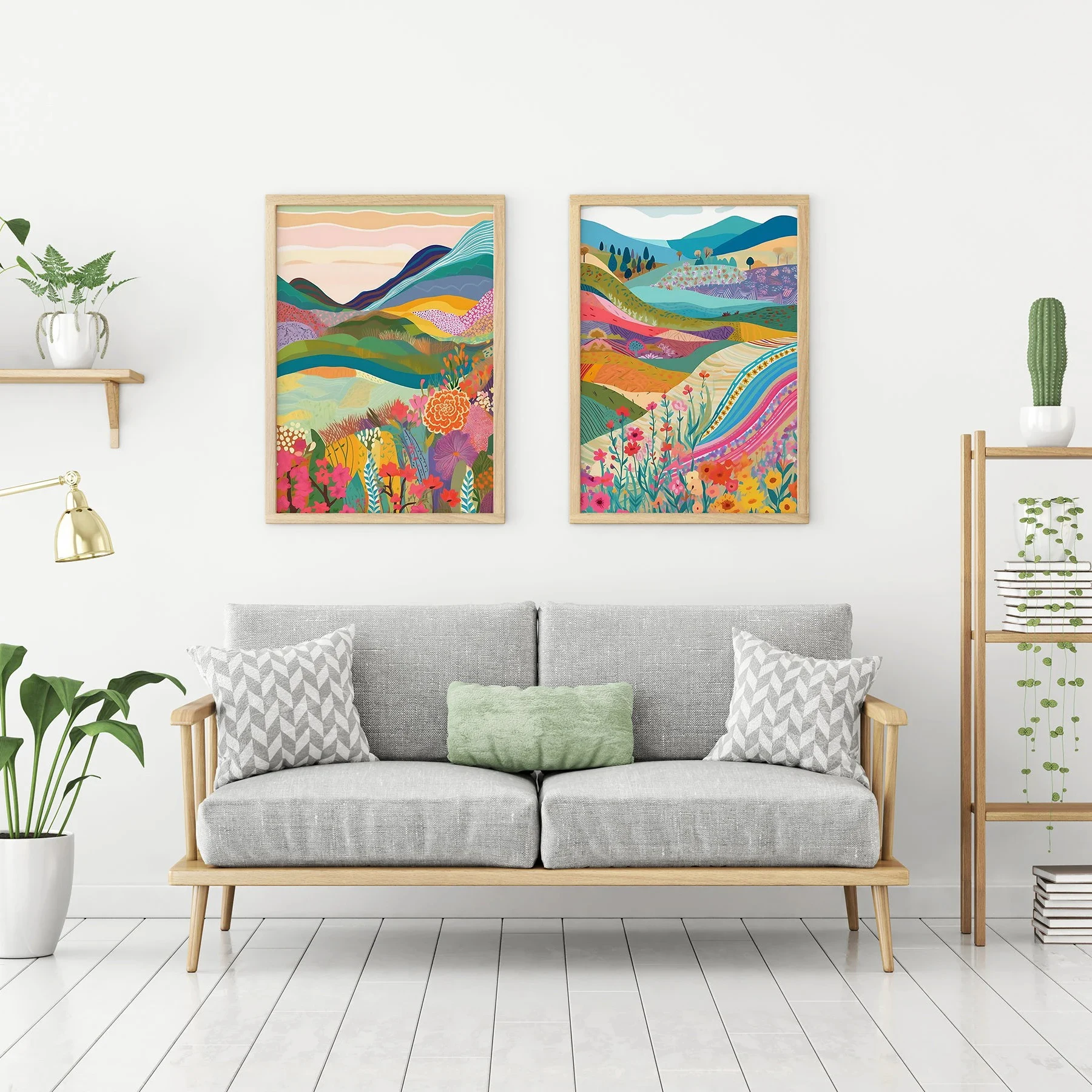 Zestaw 2 obrazów na płótnie: Patchwork Meadow, krajobraz, kwiaty, botanika, kolorowy maksimalizm, abstrakcyjny plakat, dekoracja domu
