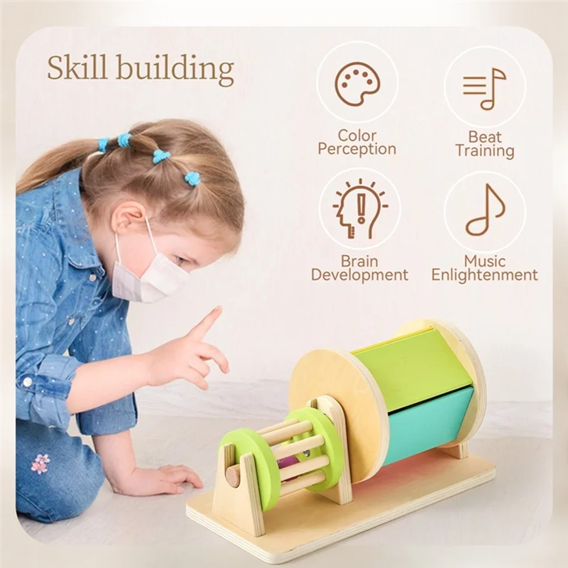 

Montessori Baby Wooden Toys Macaron Color Rotating Music Drum Permanent Box Rattle Toy Gift-[A68T]