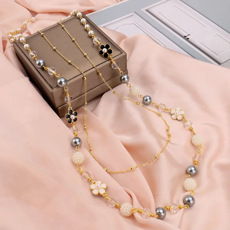 Women Men Fashion Classic Pearl Flower Long Sweater Necklace Elegant Lady Wedding Party High-end 5 Number Chains Jewelry