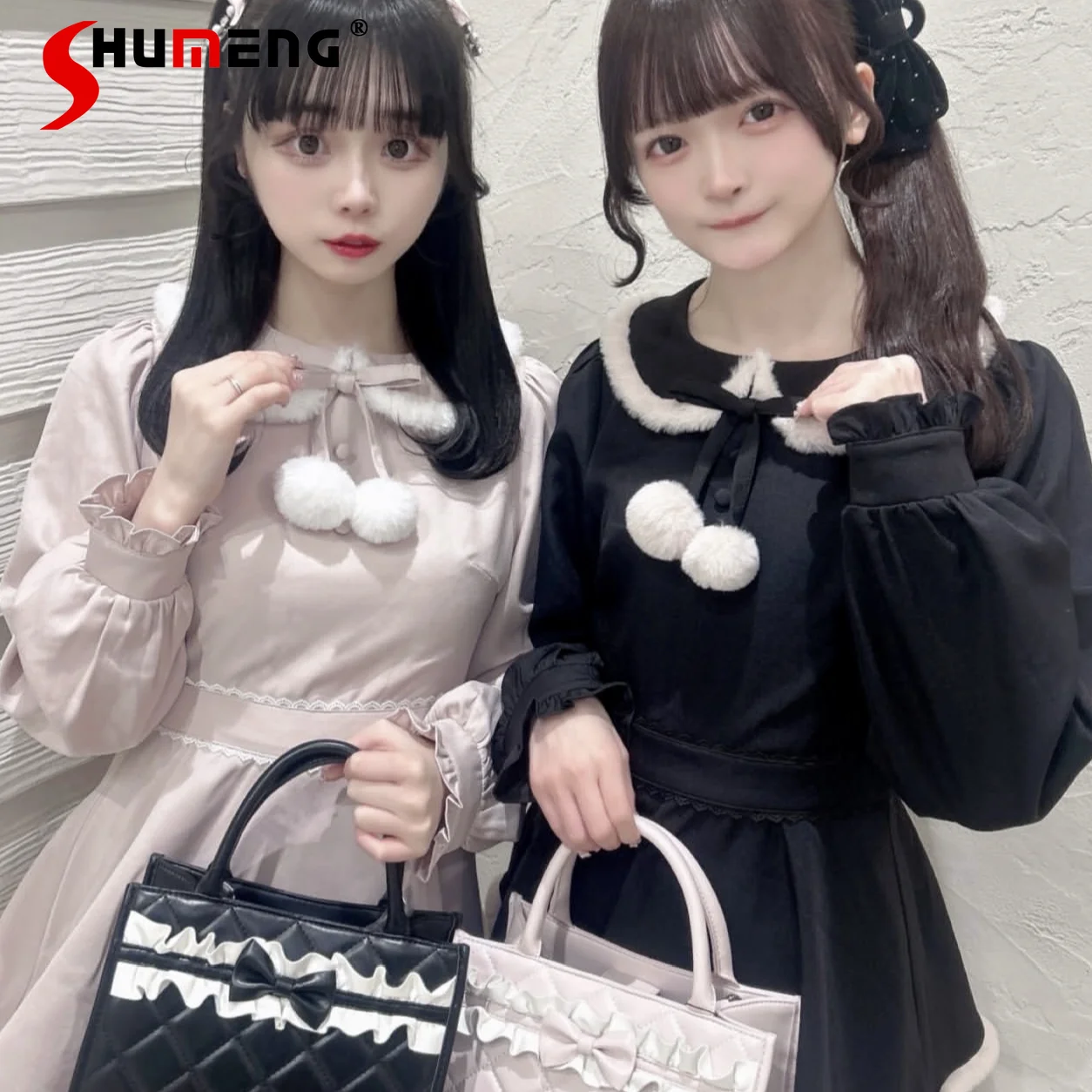 Japanese Style Elegant Sweet Plush Doll Collar Lace-up Bow Long Sleeve Lolita Mini Dress High Waist Shorts Two-Piece Set Women