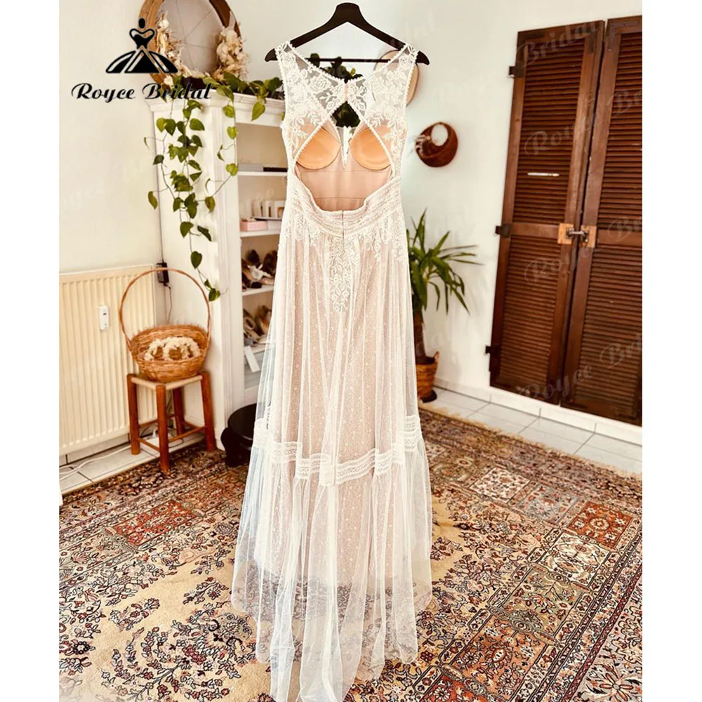 Beach Sleeveless V Neck Lace Appliques Boho Backless Bridal Wedding Dress 2025 Customized Wedding Gown Women robe mariage femme