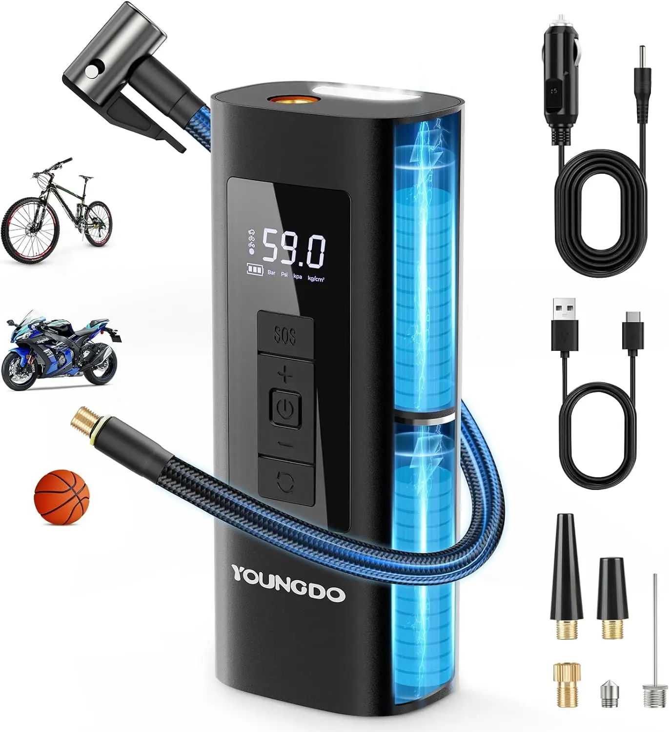 

Portable Tire Inflator 150 PSI, 6000mAh, with Pressure Gauge, USB-C Rechargeable for Car, Motorcycle, Bike, Balls
