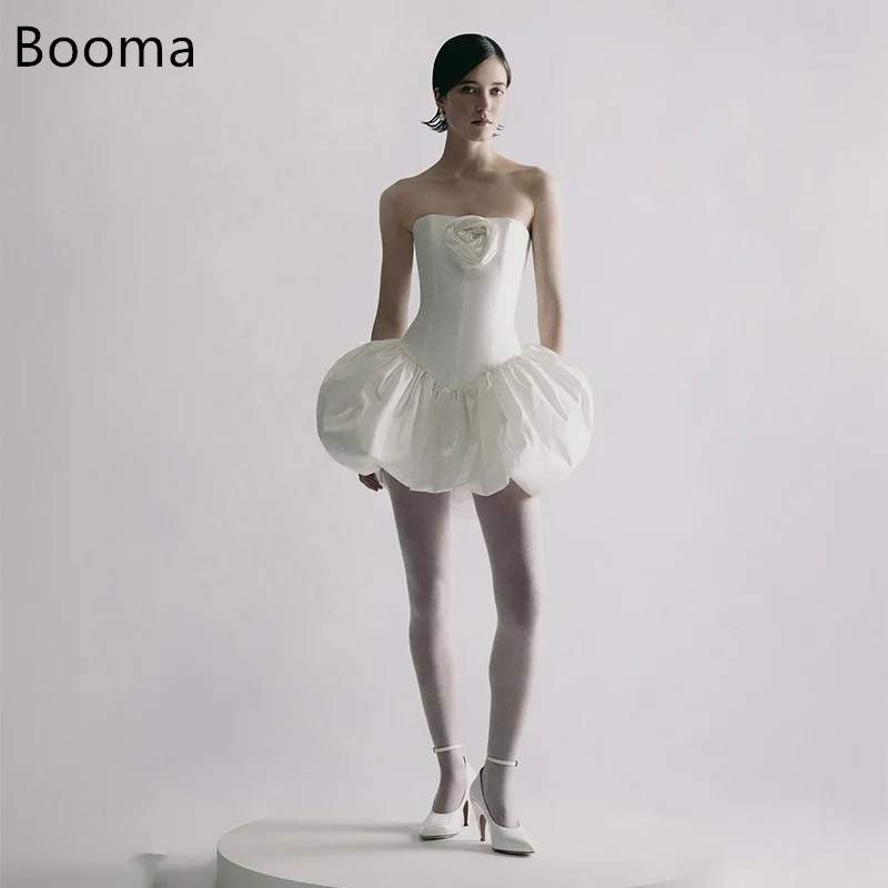 

Booma A-Line Flower Strapless Pleat Mini Wedding Dresses Sleeveless Satin Ivory Elegant Brides Gown Custom Made 2025