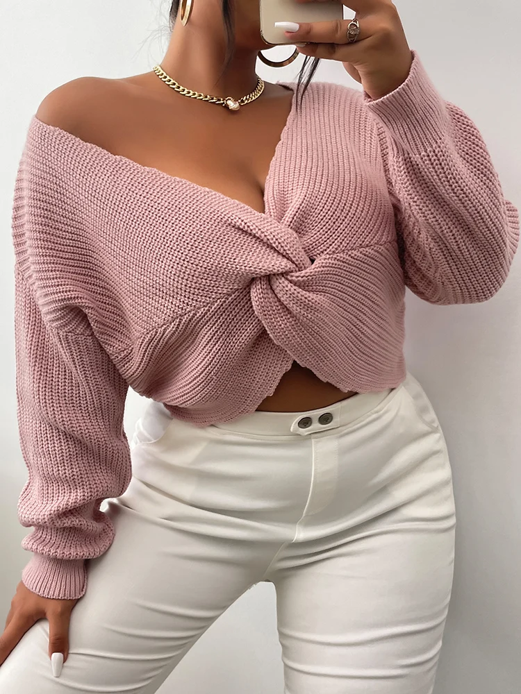 ONELINK Solid Pink Plus Size Women\'s Sweater V Neck Sexy Cross Knot Front Knitting Pullover Long Sleeve Top Office Lady Daiting